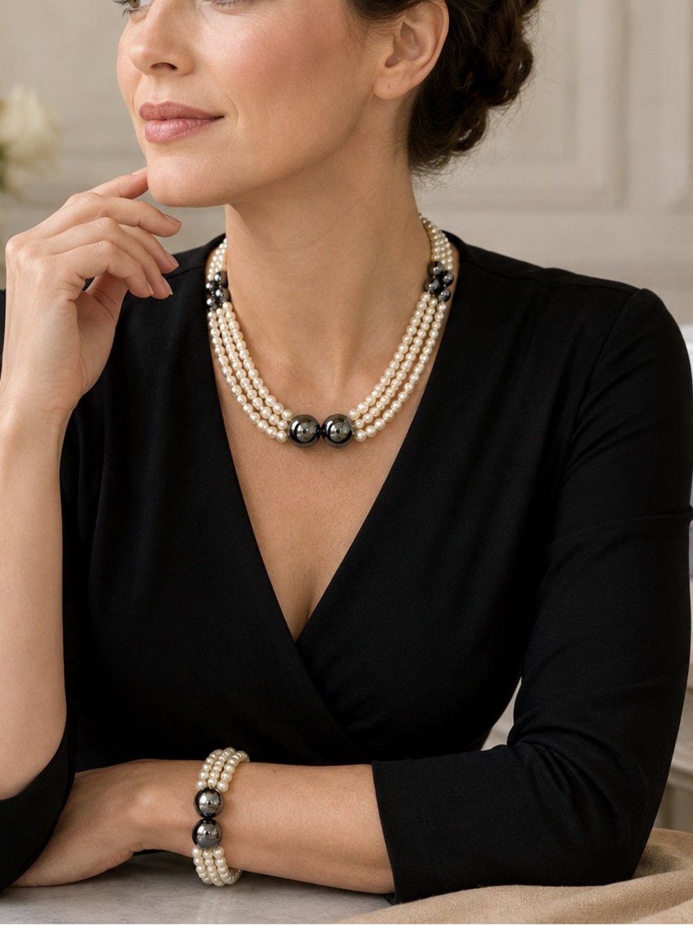 Vintage Faux Pearl Hematite Necklace Bracelet Set Multi Strand Statement Jewelry